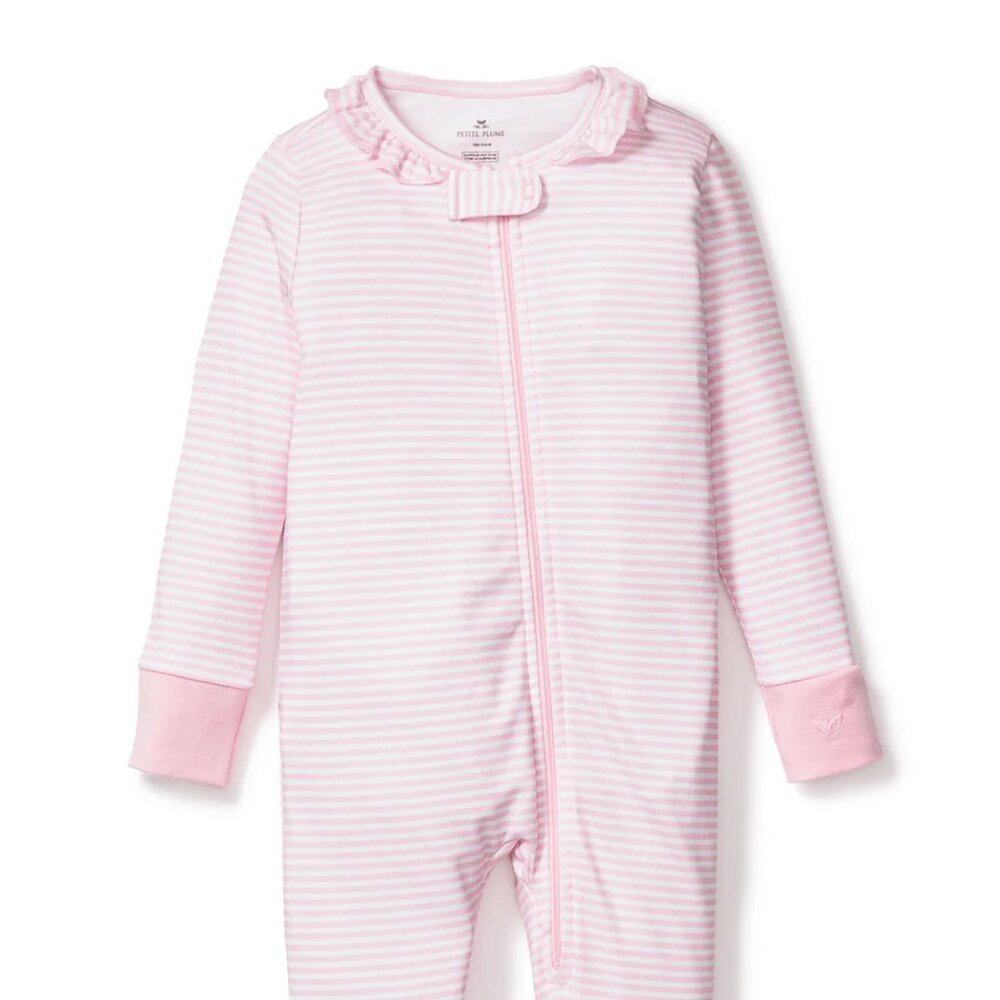 Petite Plume Baby's Pima Ruffle Collar Footie Pajama in Pink Stripes